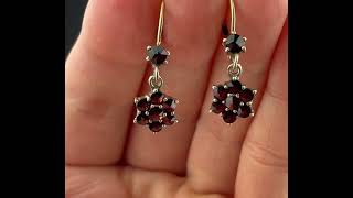 Vintage Rose Cut Garnet Flower Cluster Dangle Earrings