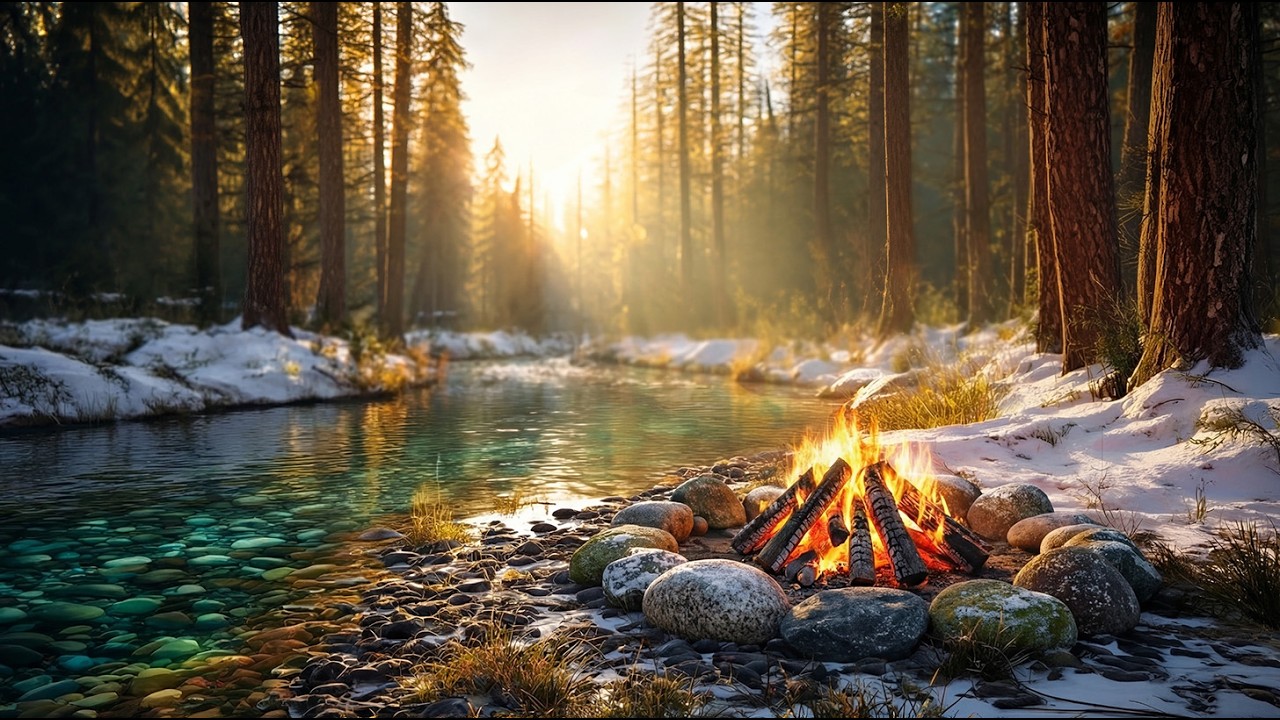 Winter to Spring River Campfire at Sunrise 🔥🌅 Deep Relaxing Nature Sounds for Sleep & Calm Focus