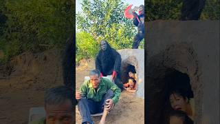 2 Ferocious Gorilla Monsters Attack 2 Brave Beautiful Girls And A Poor Old Man In Front Of Them