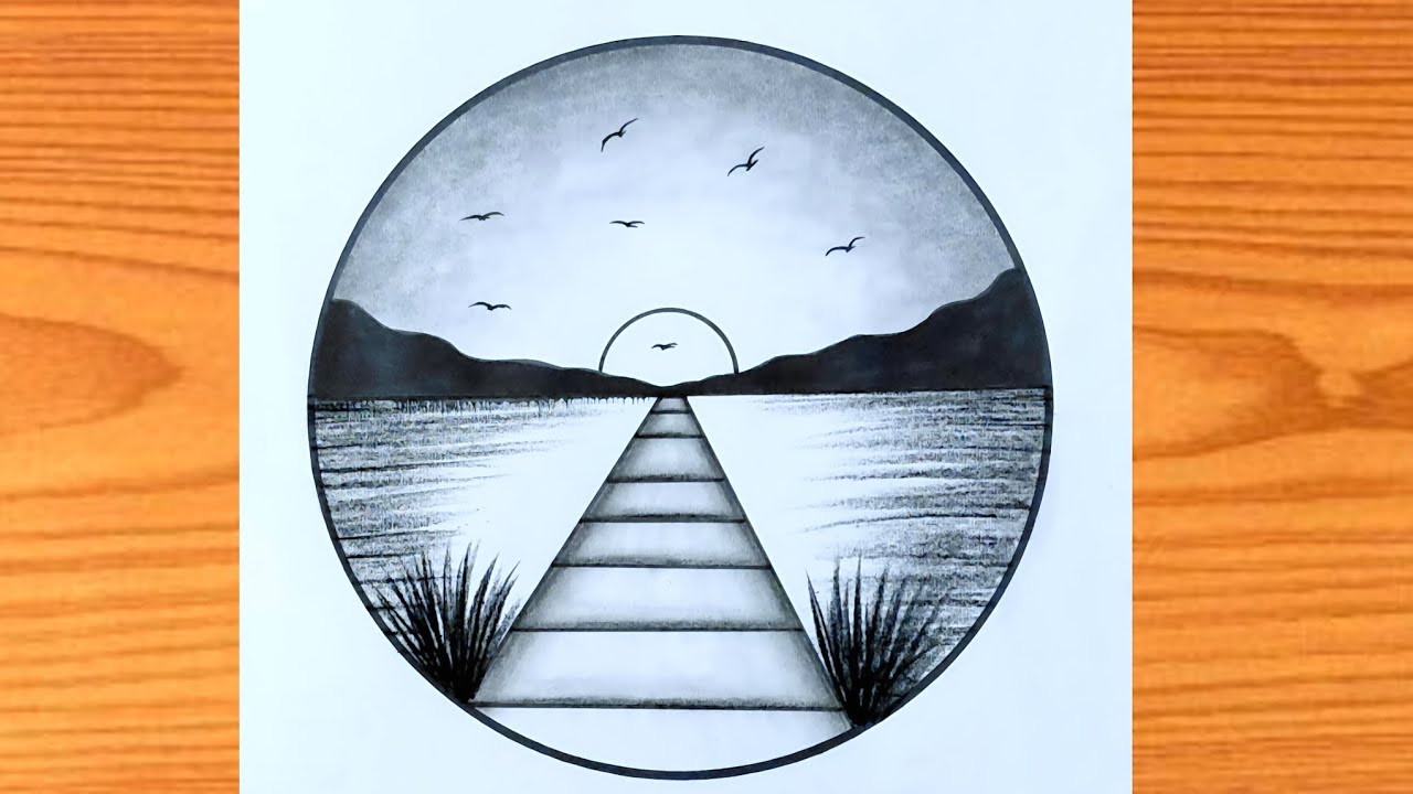 Beautiful Sunset Landscape Drawing with Pencil | Simple Circle Art Idea