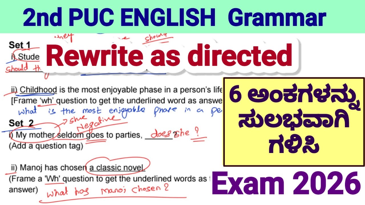 Rewrite as directed 2nd PUC English Grammar important questions 2026 exam