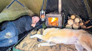 Hot Tent Rain Camping in Heavy Rain All Day! - Caught in Rain With My Dog!
