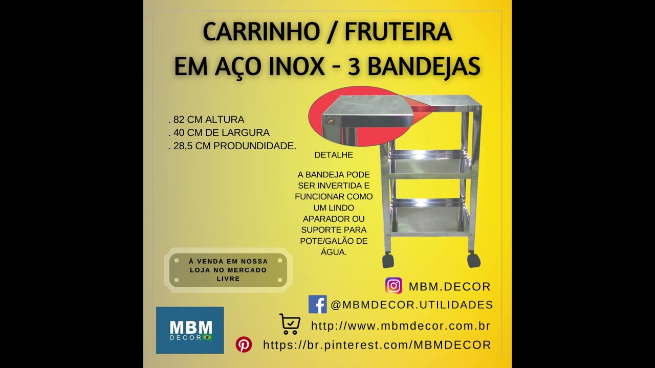 CARRINHO / FRUTEIRA INOX - 3 BANDEJAS - MBM DECOR.