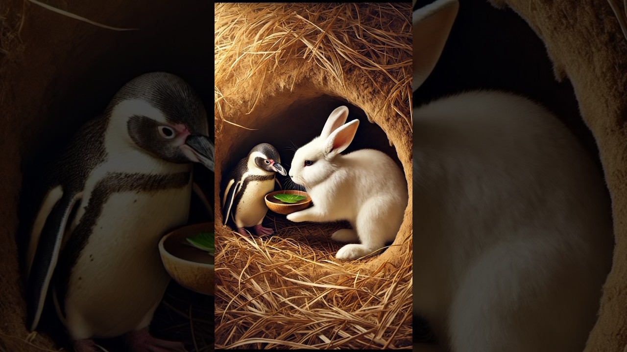 "A rabbit rescues an injured baby penguin – such a heartwarming moment! 🐰"