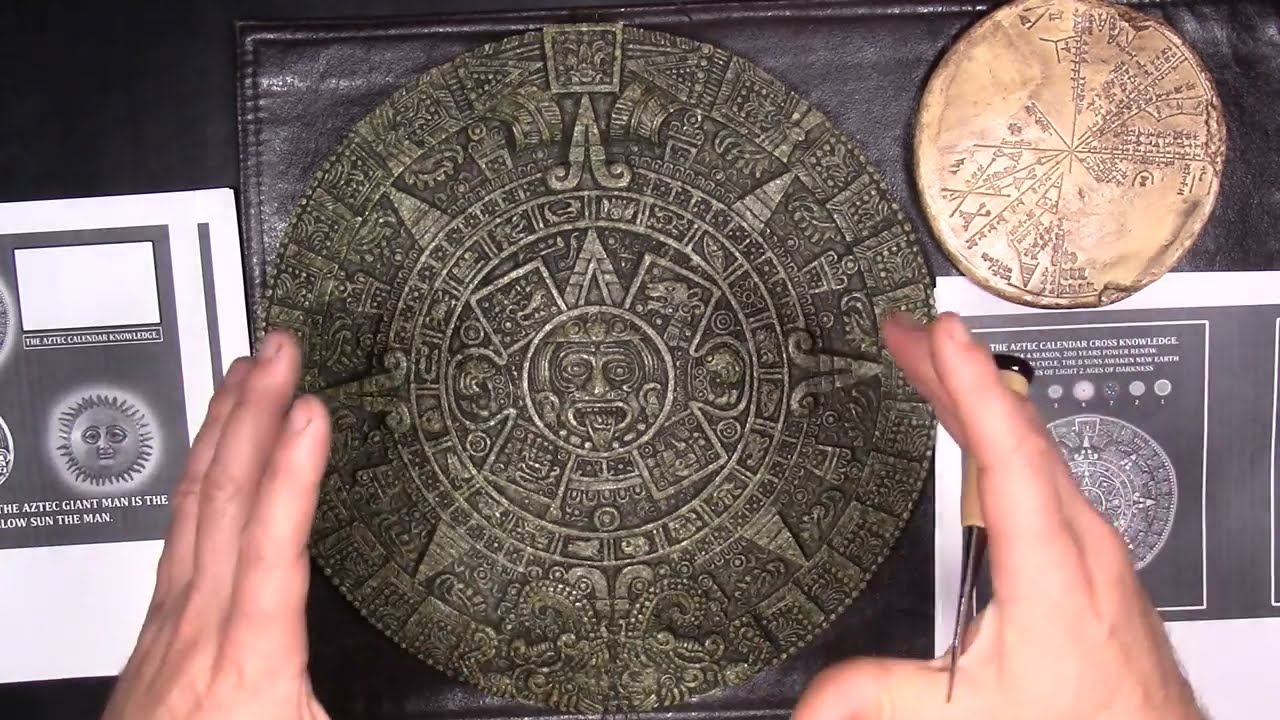 AZTEC CALENDAR CROSS KNOWLEDGETHE 10,000 YEARS OF SUNLIGHT 2000 YEARS OF DARKNESS RED SUN 40 DAYS