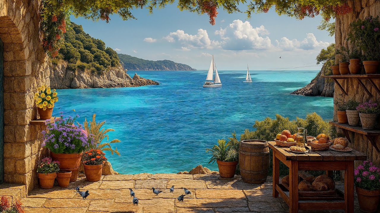 Tranquil Coastal Morning in New England | Seaside Garden, Birds & Sailboats | 4K Scenic Escape