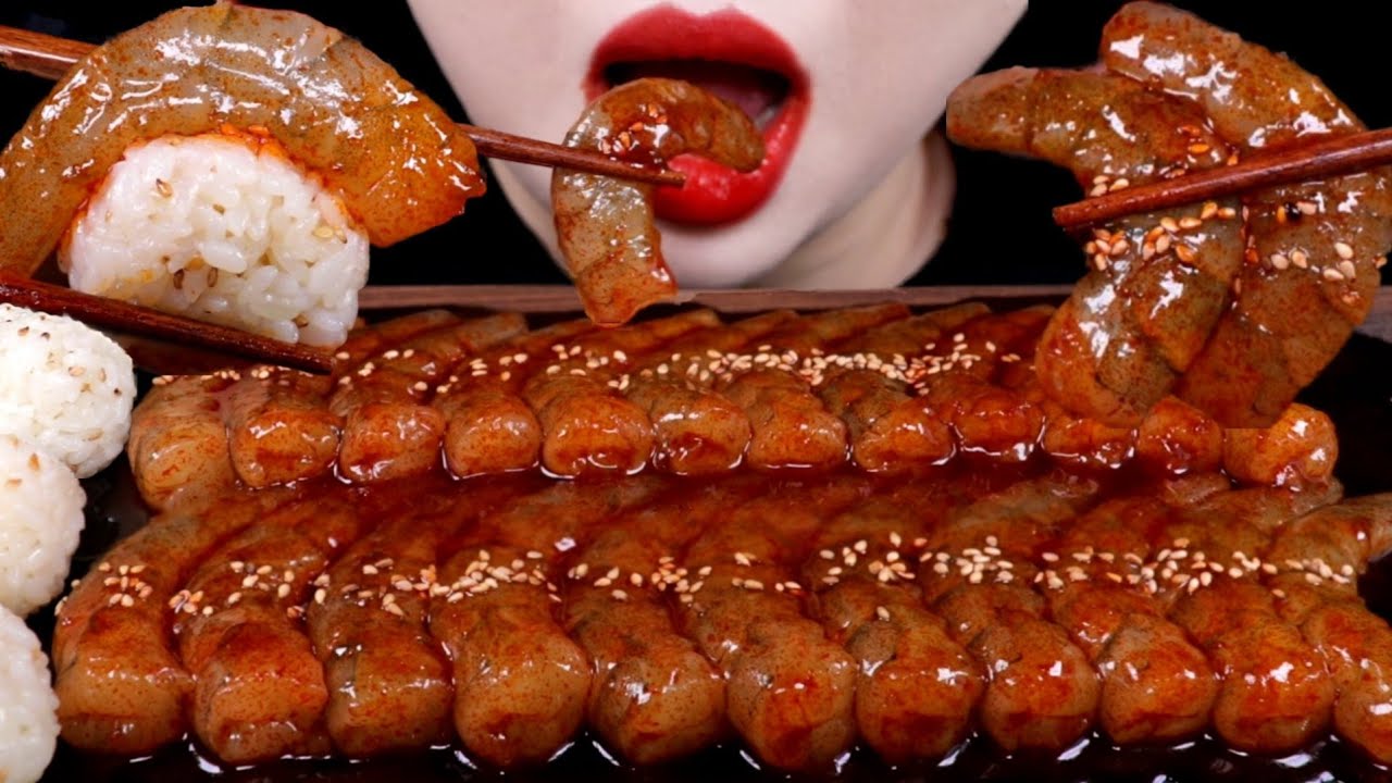 ASMR 불닭 생새우, 주먹밥 리얼사운드 먹방