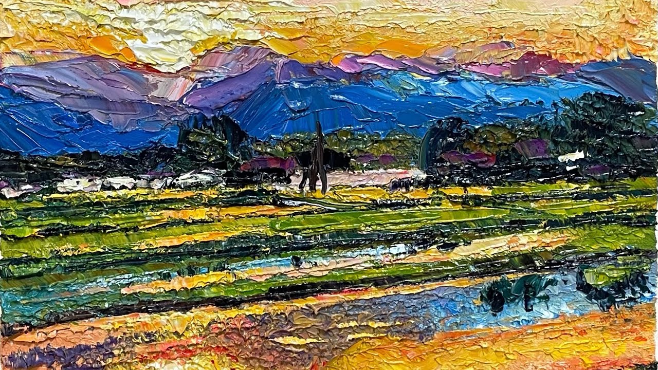 油絵 風景】日本の田園と山の風景をペインティングナイフだけで描いて