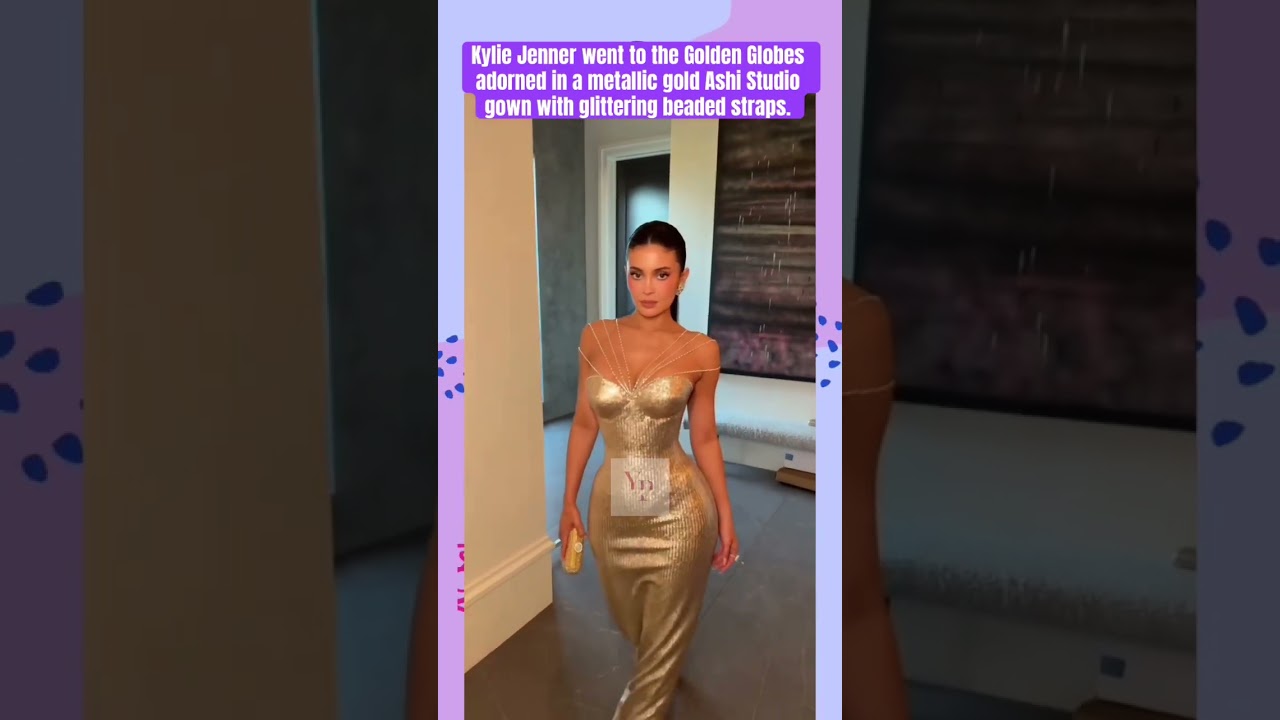 Kylie Jenner went to the Golden Globes adorned in a metallic gold Ashi  Studio gown with glittering.. - YouTube