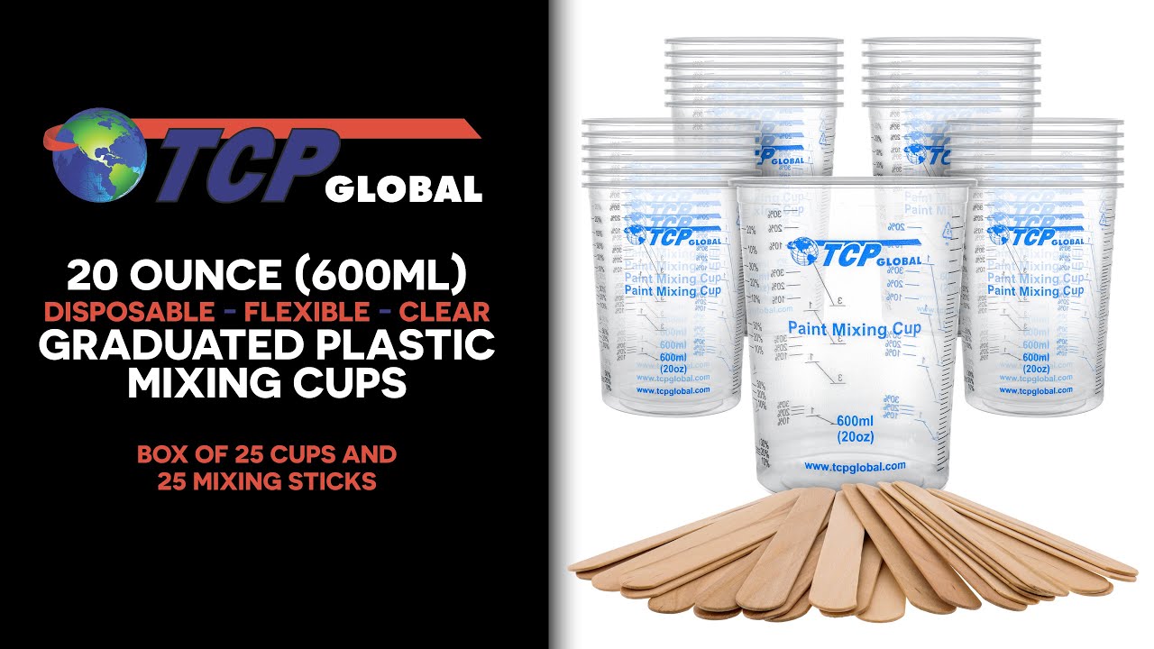 TCP Global 20 Ounce (600ml) Disposable Flexible Clear Graduated Plastic Mixing  Cups - Box of 25 Cups & 25 Mixing Sticks - Use for Paint, Resin, Epoxy,  Art, Kitchen - Measuring Ratios 2-1, 3-1, 4-1, ML 