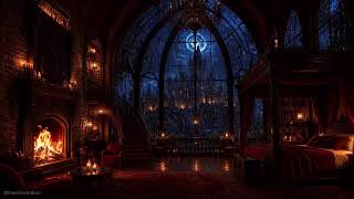 8 Hour Rainstorm Sleep - Dark Cozy Castle Room with Fireplace