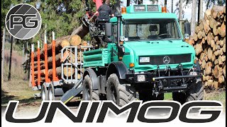 UNIMOG 2400 mit BIJOL Rückewagen Holz fahren