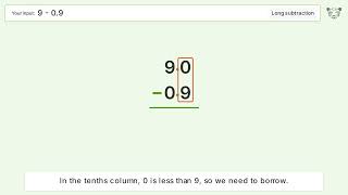 Long Subtraction Problem 9-0.9: Step-by-Step Video Solution
