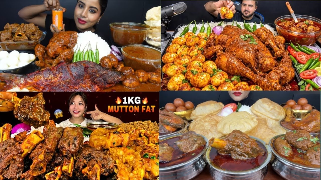 SPICY🔥 WHOLE CHICKEN CURRY, MUTTONCURRY, EGGCURRY, 😋FISH CURRY, WITH RICE AND PURI EATINGCHALLENGE