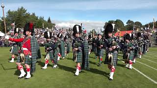 Drum Major Ian Esson Leads Ballater & District Pipe Band Into The 2019 Braemar Gathering In Scotland