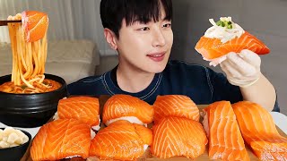 Homemade Giant Salmon Sushi Mukbang asmr🍣 (ft. kimchi udon) | MUKBANG VLOG