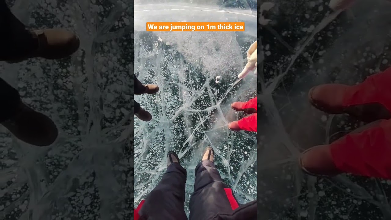 3 people are jumping on a meter thick ice of the frozen lake