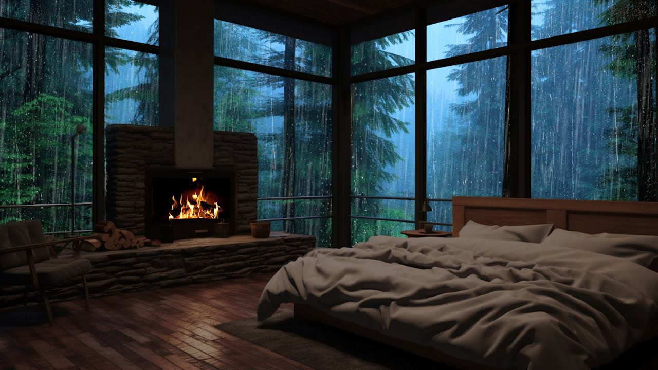 Heavy Rain and Fireplace in a Cozy Room - Relaxing Ambiance for Sleep ...