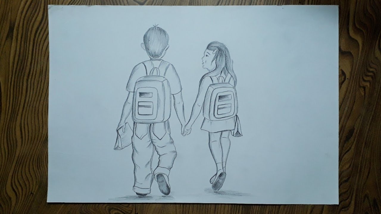 How To Draw Boy And Girl Going To School School Boy And Girl Drawing Youtube