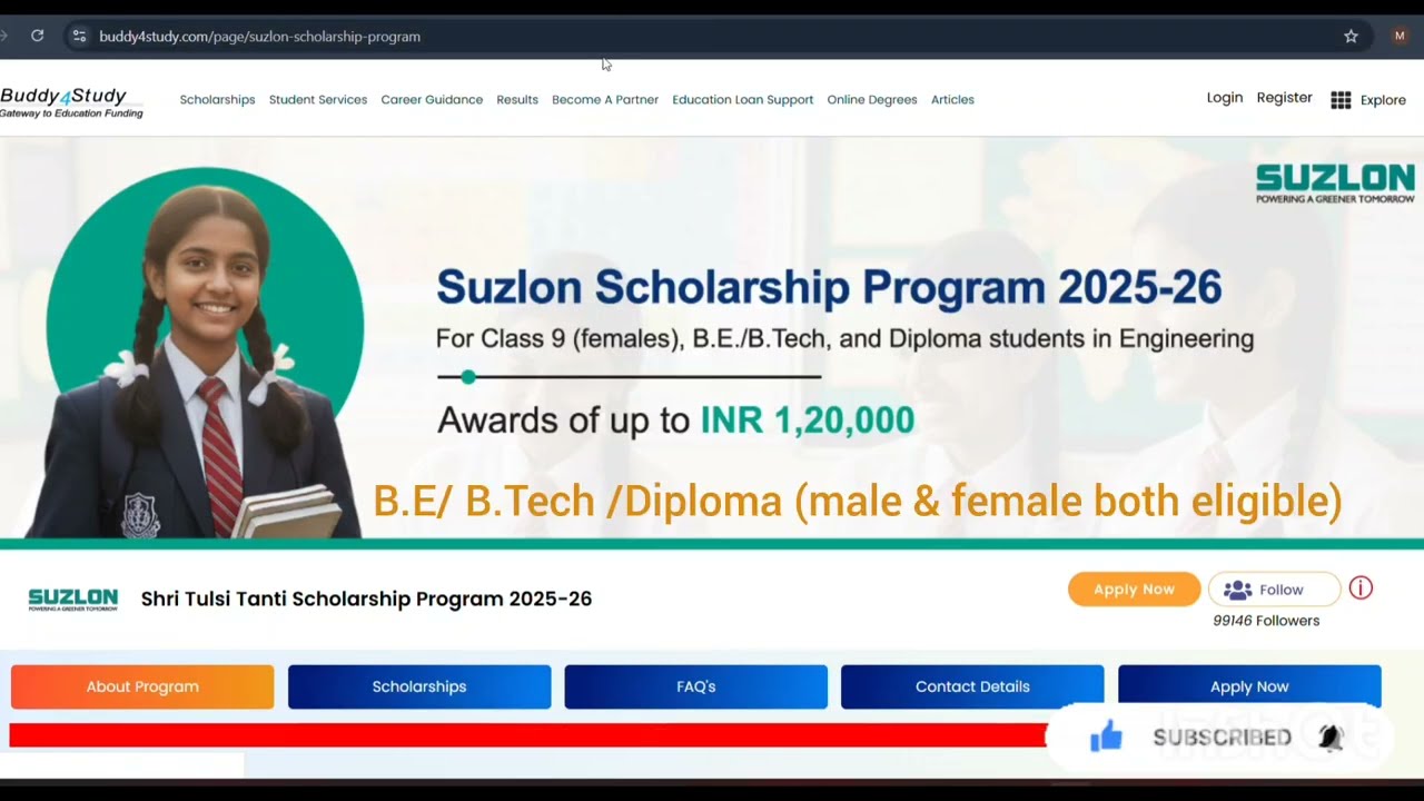 Suzlon Scholarship 2025-26 | BE BTech | Tulsi Tanti Scholarship Details | Apply Online 