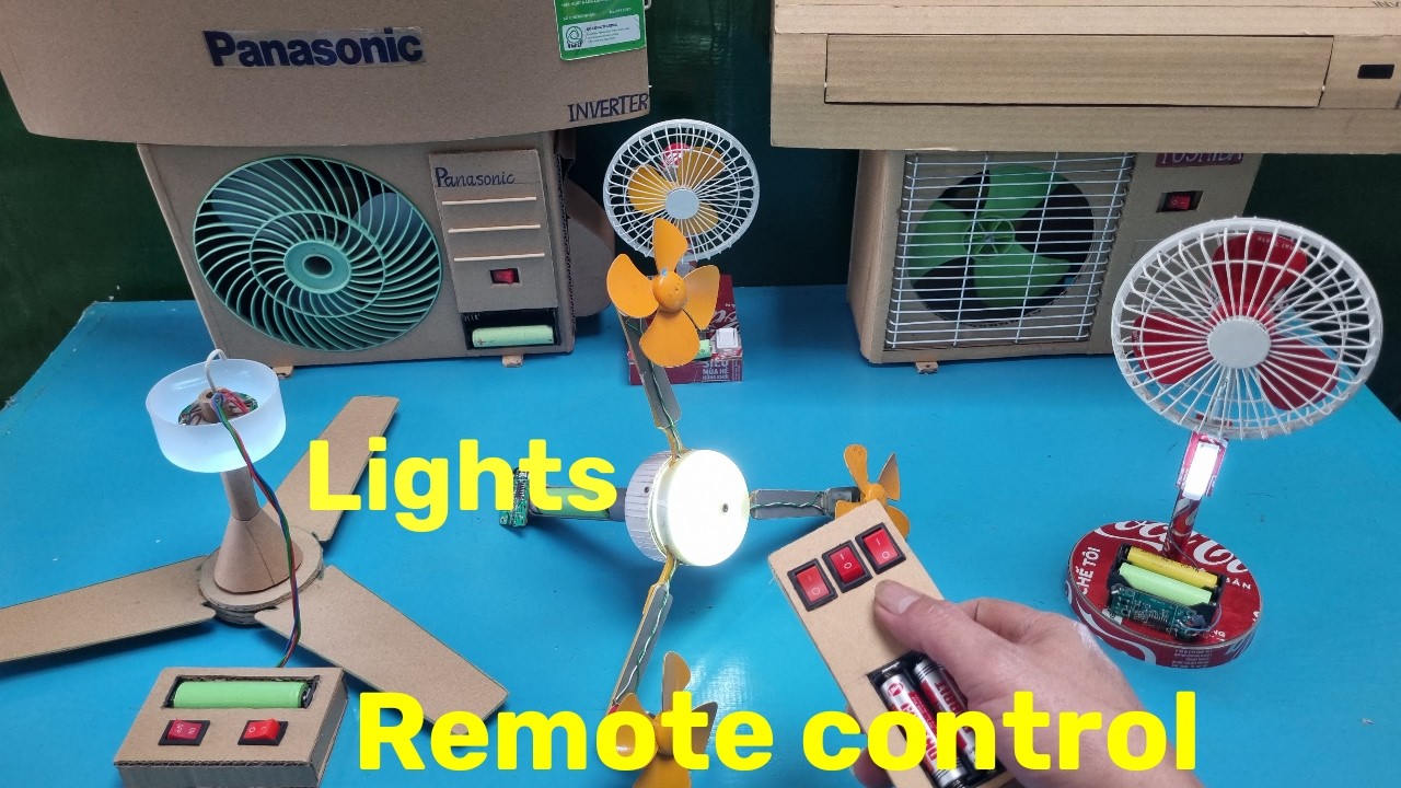 Ceiling fan with LED light, remote control table fan, cardboard air conditioner.