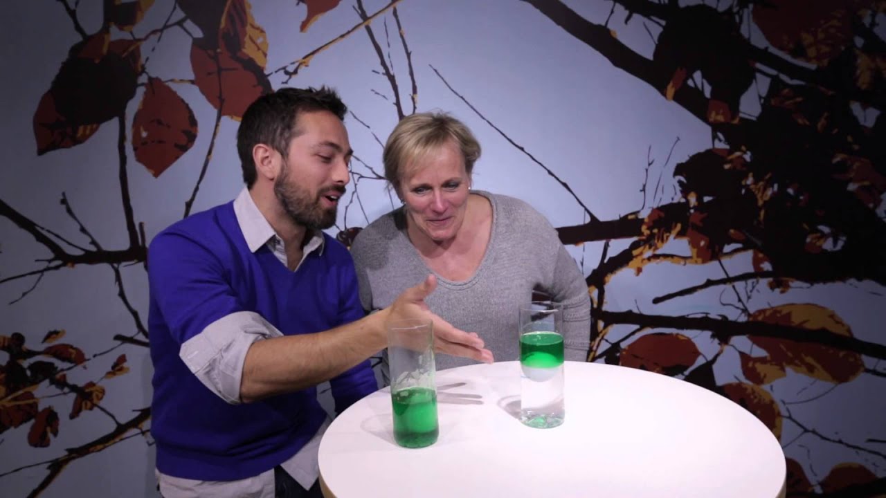 Veritasium: Buoyancy Answer - If you pour the detergent on top of the golf ball in the salt solution, what will happen to the golf ball?  Will it stay, go down, or go up?