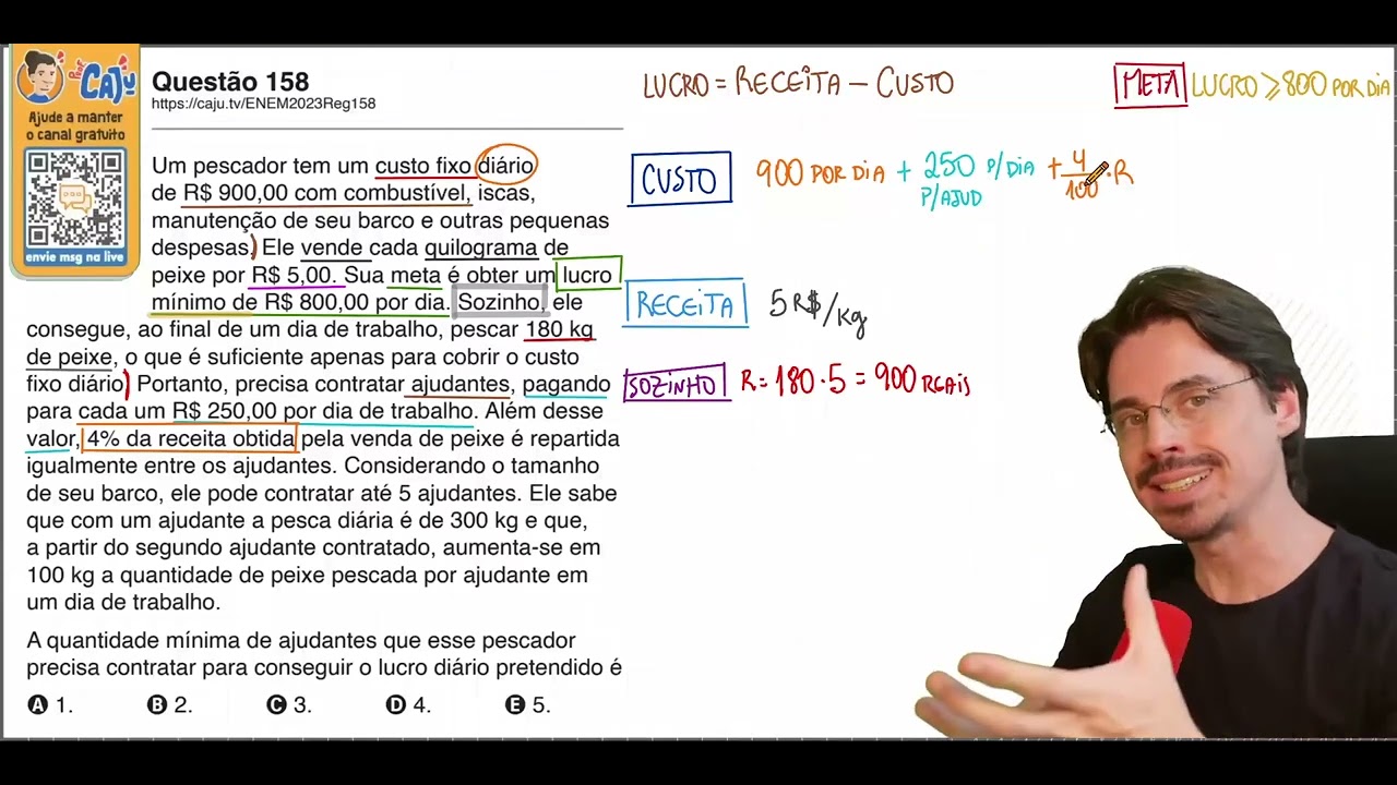 [ENEM 2023] 158 📘 PORCENTAGEM Um pescador tem um custo fixo diário de R$ 900,00 com combustível,