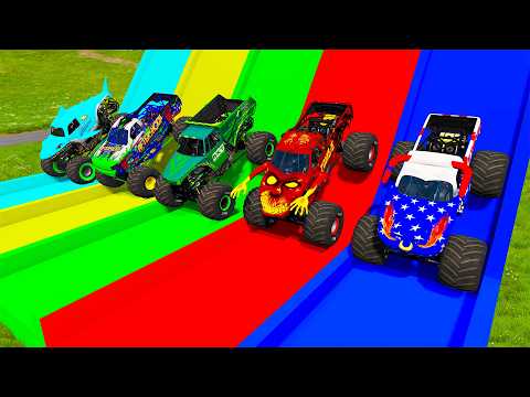 Double Flatbed Trailer Monster Trucks Transport with Slide Color - Cars vs Speed bump - BeamNG #152
