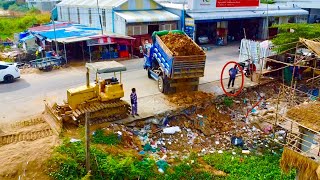 Starting new project!! Amazing Komatsu bulldozer D31P pushing stone,soil & 5Ton dump truck delivery