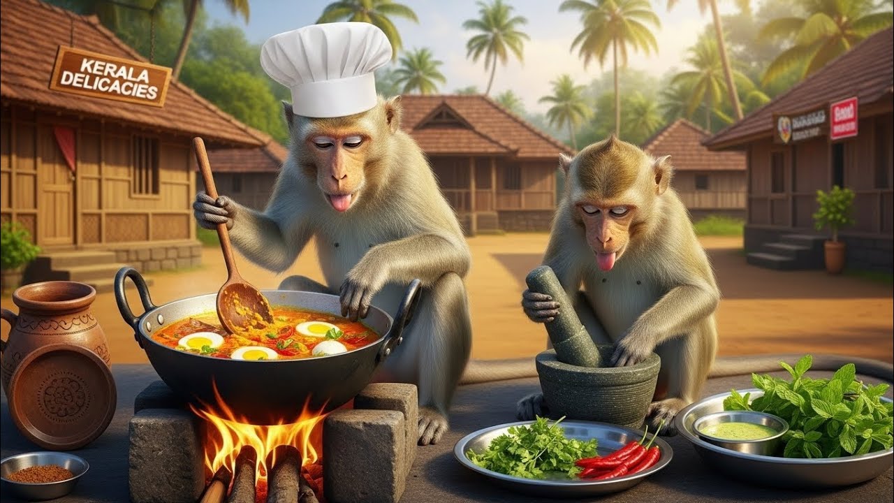Monkey Village Cooking Traditional Samosa & Green Chutney in Kerala
