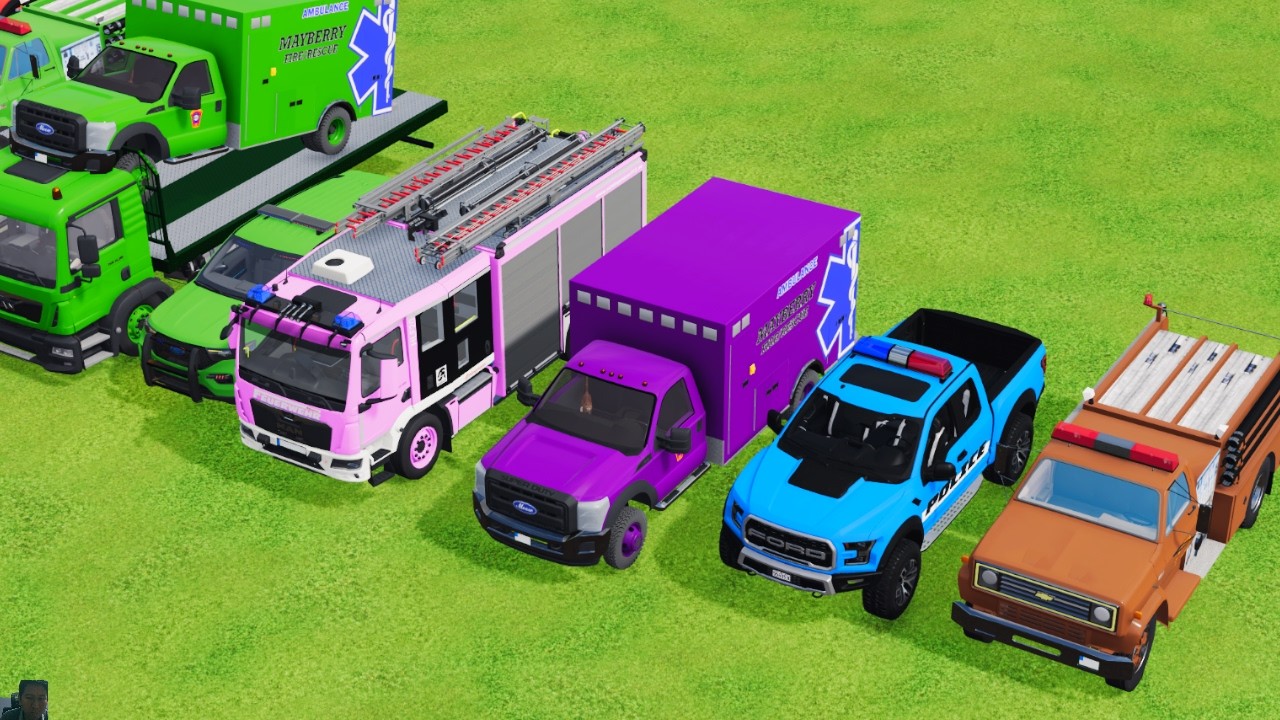 transporting police cars, ambulance, fire truck, colorful car beamng.drive game farming simulator 22