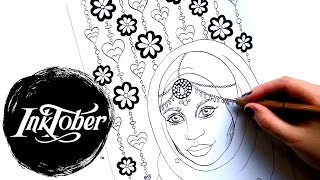 INKTOBER Drawing a Coloring Page || Eid Muslim Girl with Hijab #inktober2016