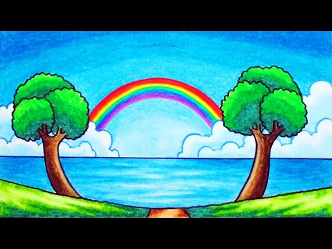 How to Draw Easy Scenery | Drawing Rainbow Over the Sea Scenery Step by Step with Oil Pastels