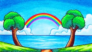 How to Draw Easy Scenery | Drawing Rainbow Over the Sea Scenery Step by Step with Oil Pastels