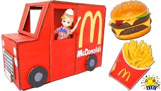 【リカちゃん工作→マクドナルドの段ボール車】夏休み子供向け マックのお店屋さんごっこ♪グルーガンでフードトラックをDIY♪絵の具で色を塗ろう♪Mcdonald's おもちゃ たまごMammy