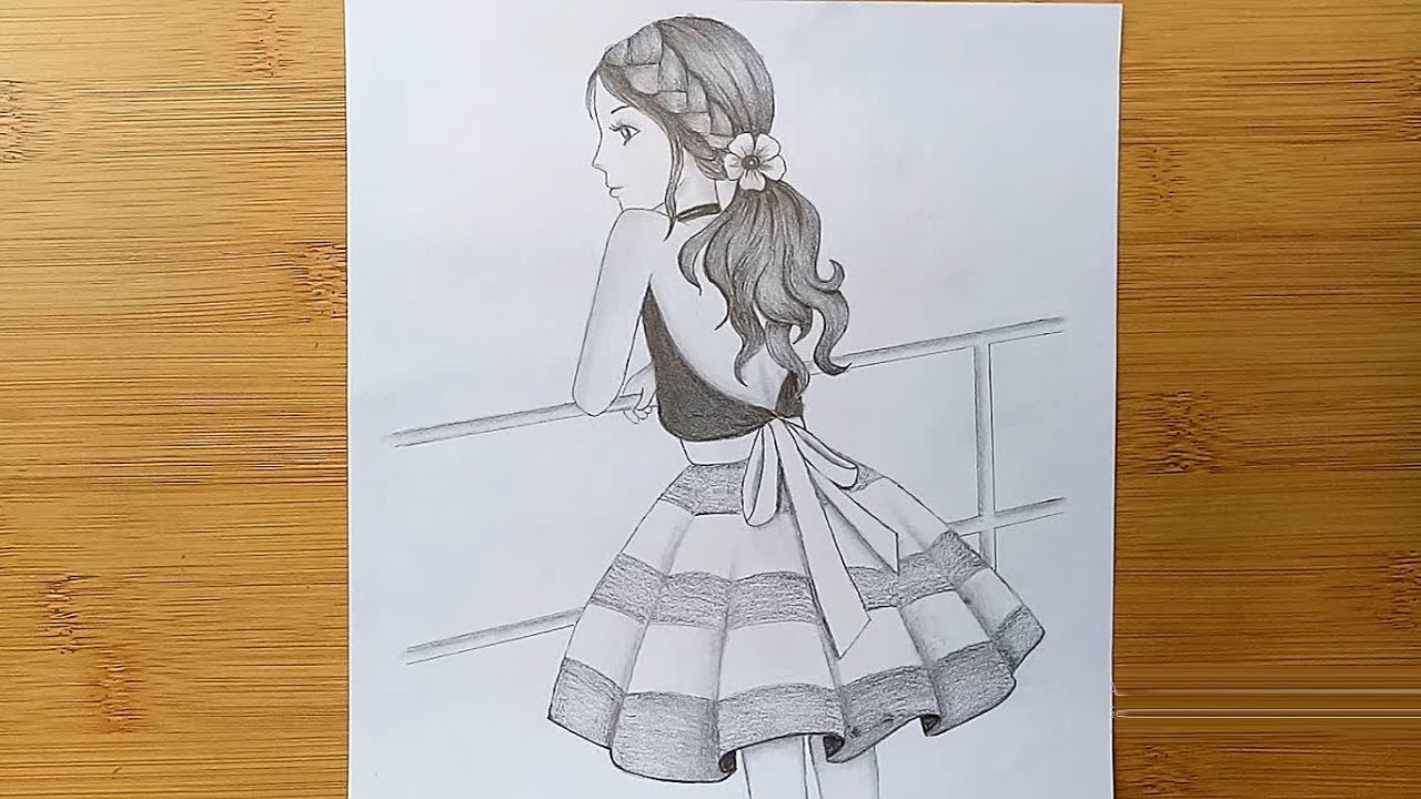 The girl is standing on the roof // How to draw a girl with pencil ...