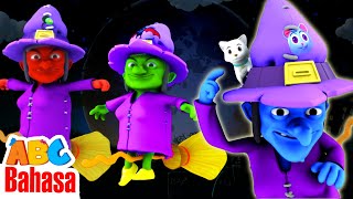 Tiga penyihir seram terbang di langit malam | Lagu Halloween untuk Anak-anak🧙‍♀️🎃 👻🎶 ABC Bahasa