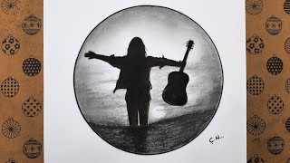 Easy Pencil Charcoal Landscape Drawing In A Circle, How To Draw A Girl With Her Back Turned