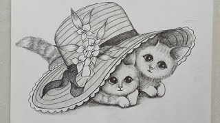 Daily challenge #116/ Kittens under Hat drawing/ Pencil drawing
