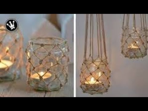 Jüt iple kavanoz süsleme mumluk yapımı / Diy Windlicht im Fischernetz-Look einfacher Makramee Knoten