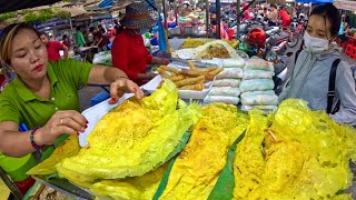 Best Cambodian street food at Tuol Tompoung Market  Yummy Yellow Pancake, noodles & Spring rolls