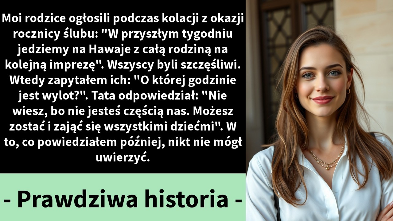 Podczas kolacji z okazji 40. rocznicy ślubu rodziców ogłosili, że cała rodzina leci na Hawaje. Cała. Gdy zapytałam o godzinę lotu, ojciec spojrzał mi w oczy i powiedział: „Nie jesteś częścią nas....