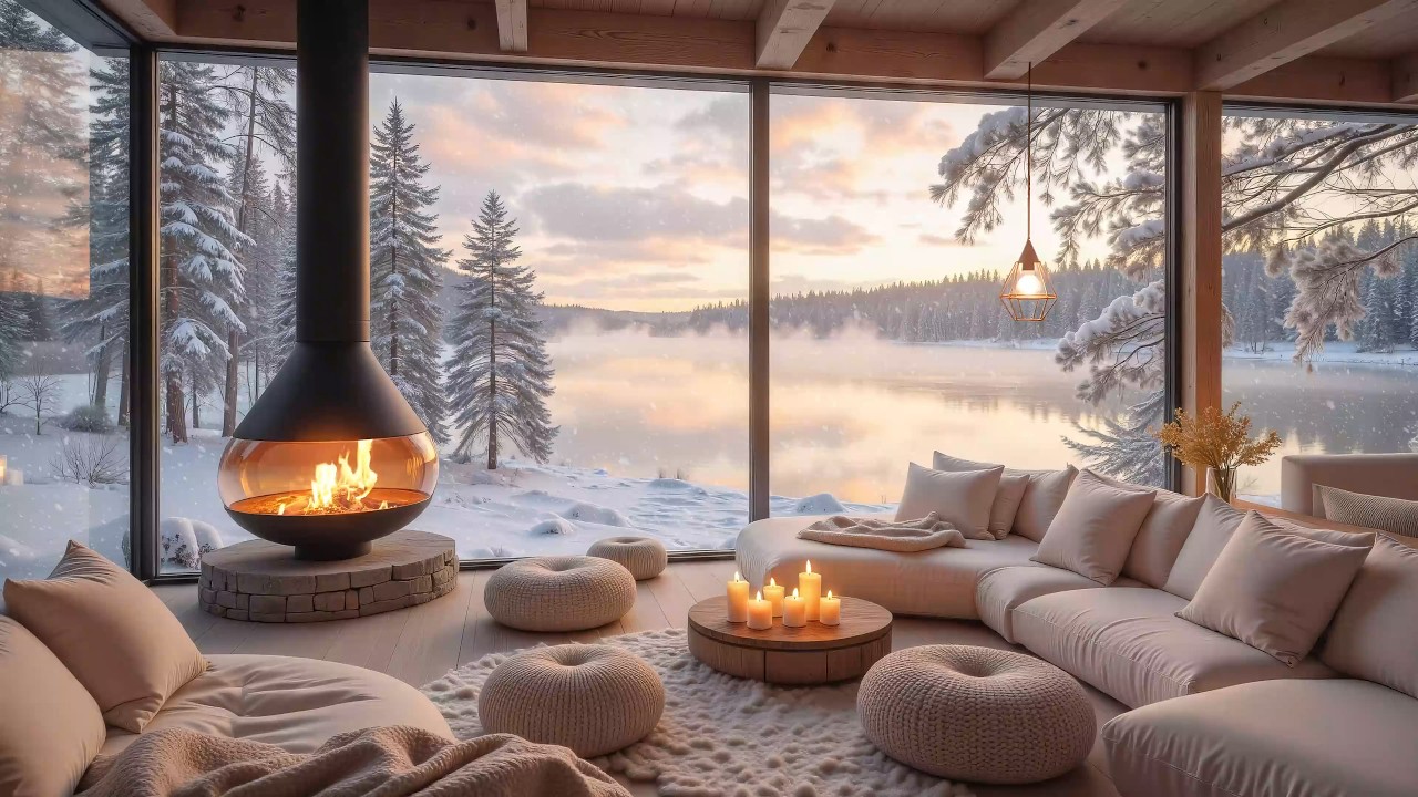 Winter Lakeside Piano Retreat 🌲 Cozy Cabin Fireplace & Soft Piano Music for Tranquil Moments