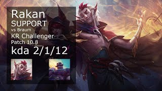 Rakan vs Braum Support - KR Challenger 2/1/12 Patch 10.8 Gameplay // [롤] 라칸 vs 브라움 서폿