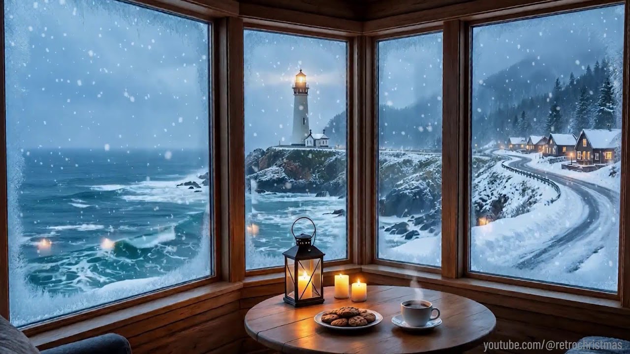 Relaxing Ocean View On A Chilly Winter Evening ❄️ Soft Jazz ❄️ Snowstorm
