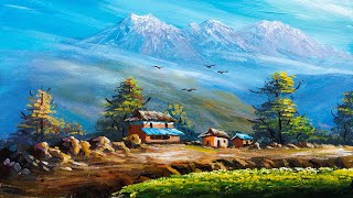 Village Painting | Acrylic Landscape Painting in Time-lapse | Mountains and Rice Fields Art