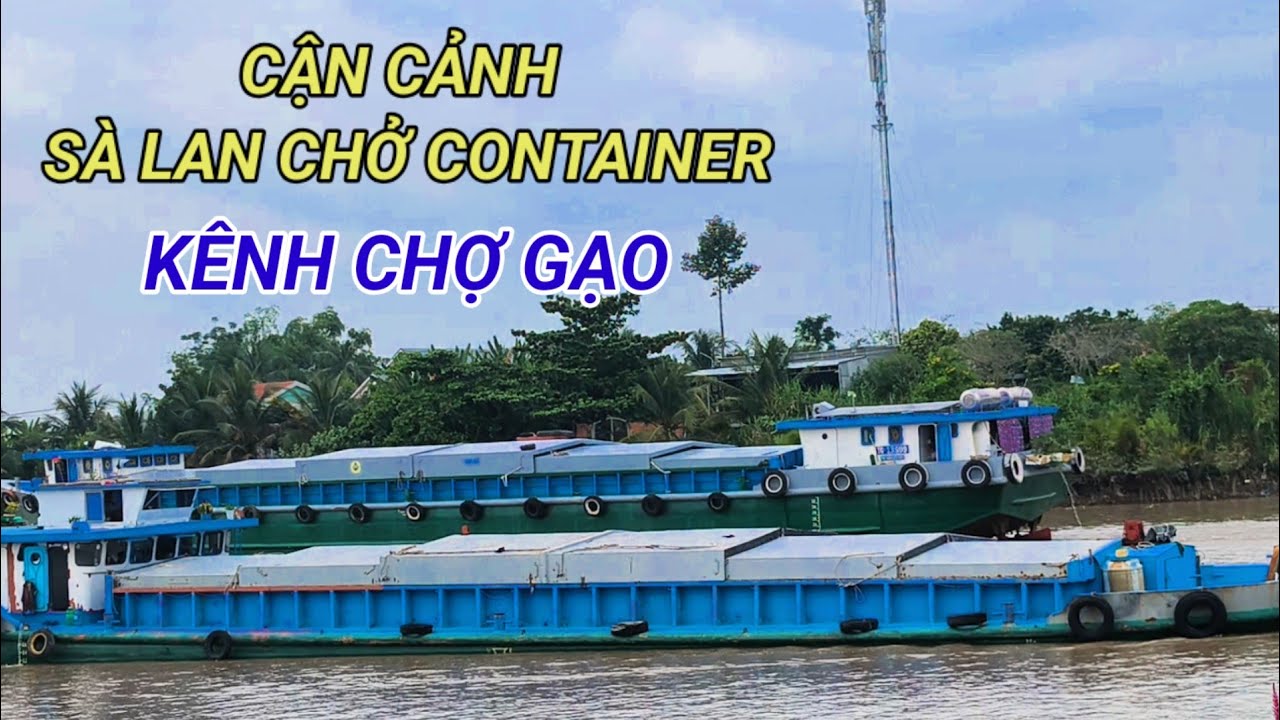 Cận cảnh sà lan chở container trên kênh Chợ Gạo 