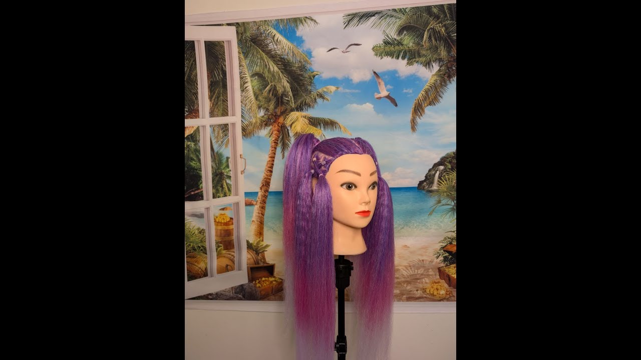 Cute Rubber Band Hairstyle with 2 Ponytails on Mannequin...Ombre Purple & Pink Hair