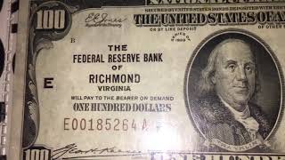 $100 dollar bill 1929 federal reserve bank of Richmond Virginia