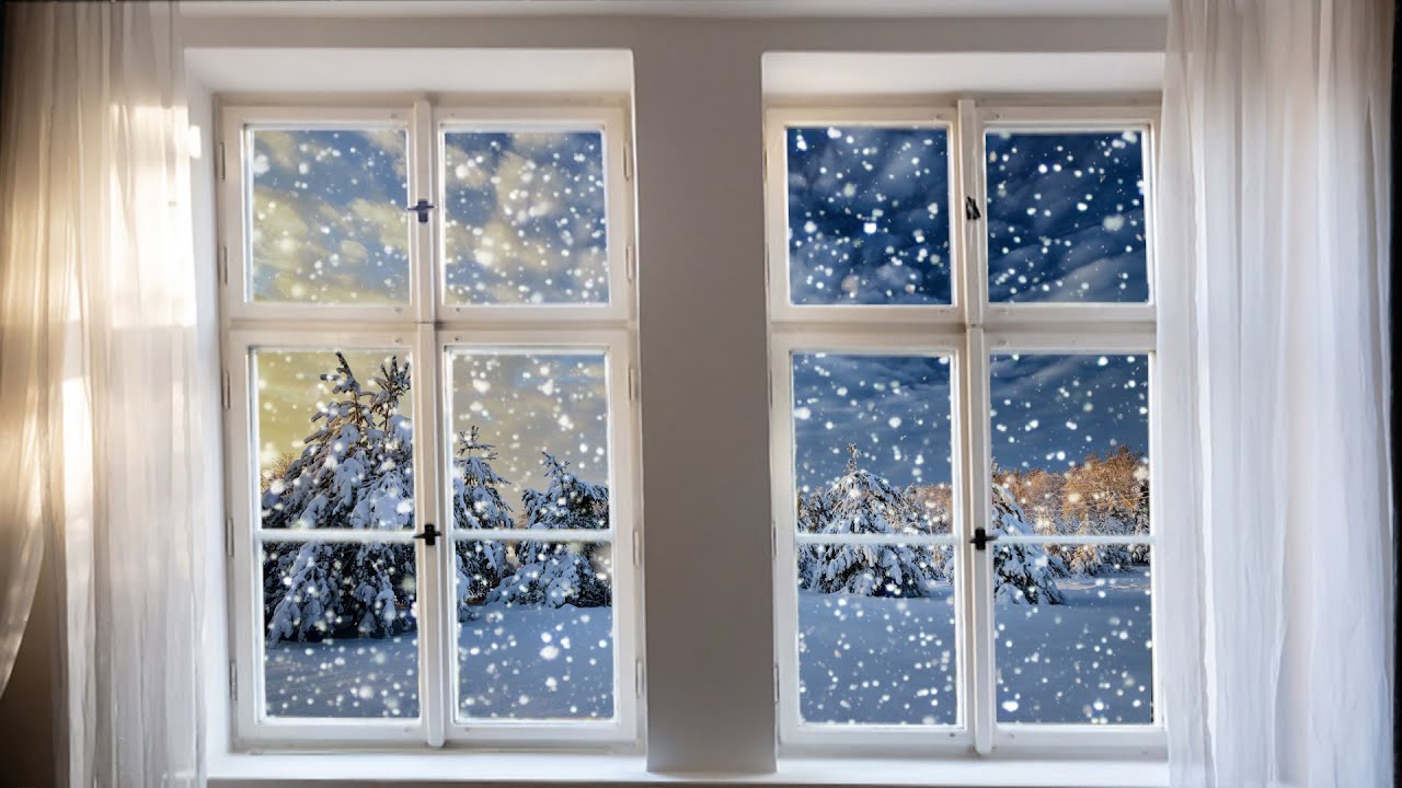 Cozy Ambience ❄️️ winter window snow scene - Relax Piano Music Howling Wind & Snowstorm for Sleep